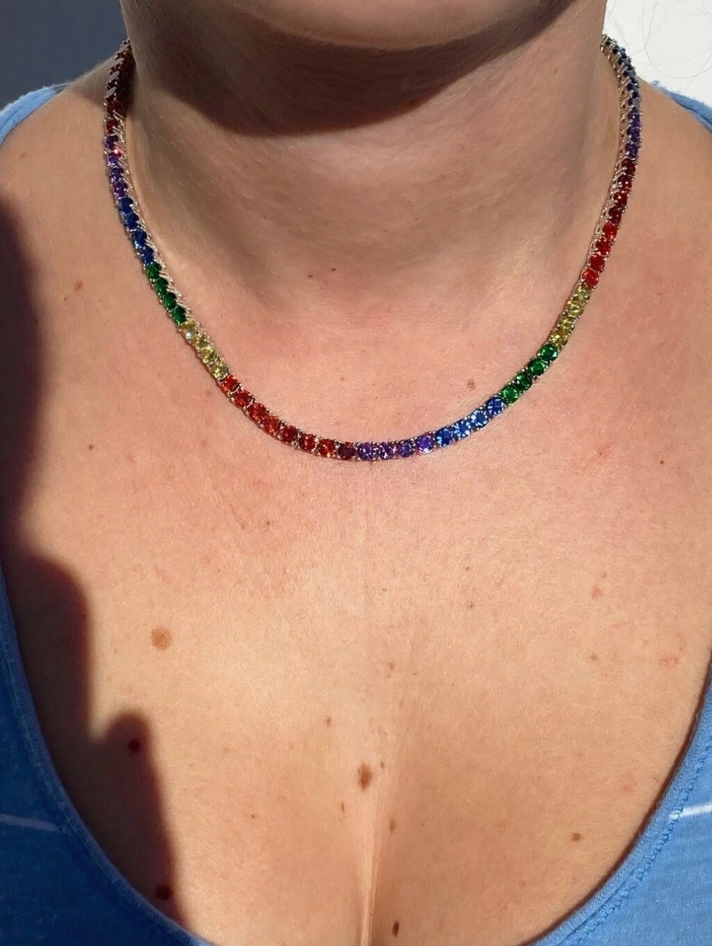 Tennis Chain SOLID 925 Gold Vermeil/ Single Row Rainbow CZ Necklace 20" - Picture 6 of 8